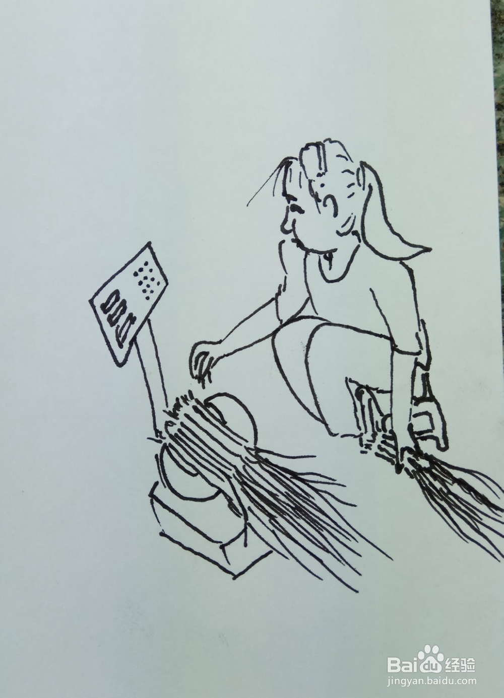 怎样画简笔画“小女孩学称葱”?