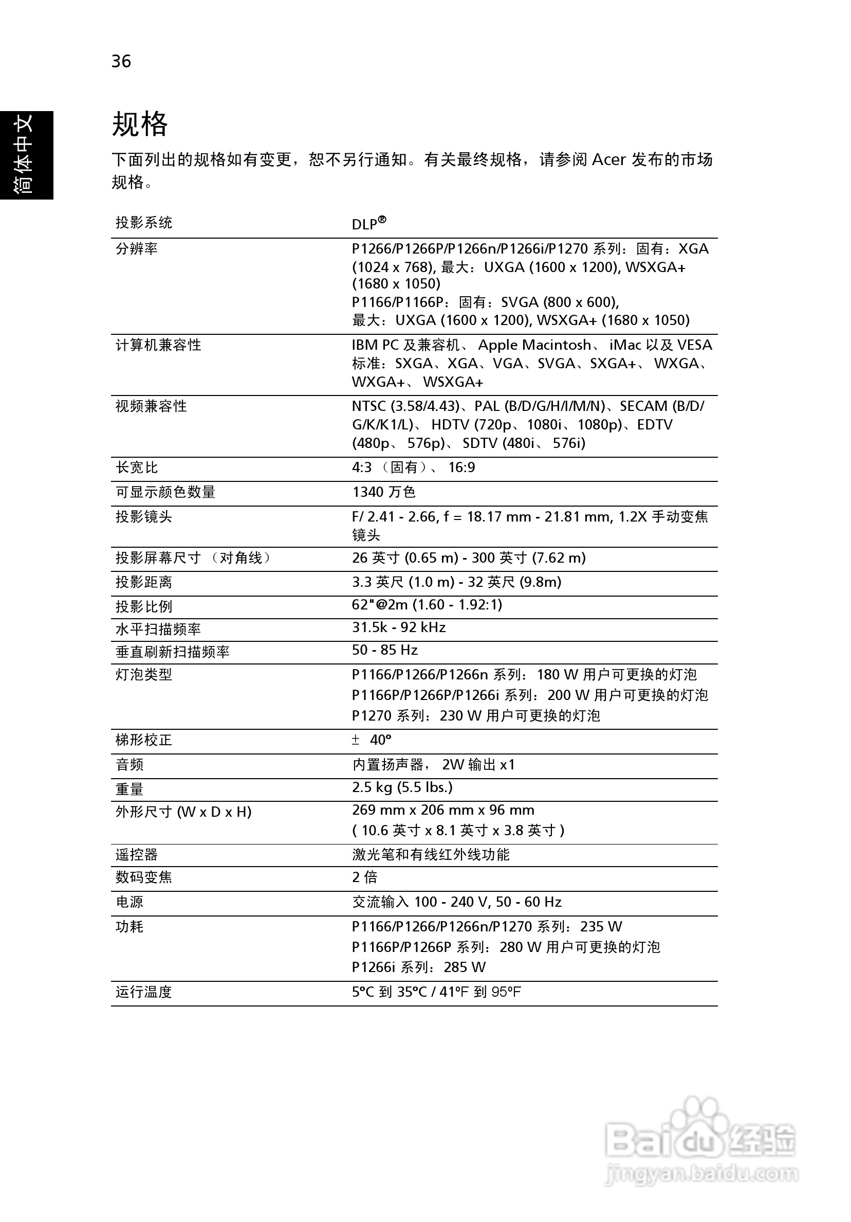 宏基P1266投影机使用说明书:[5]