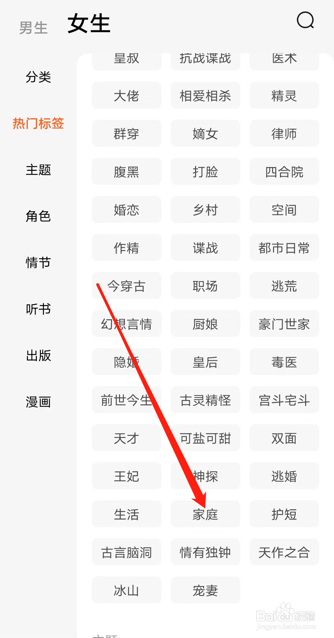 番茄小说查看女生家庭热门标签