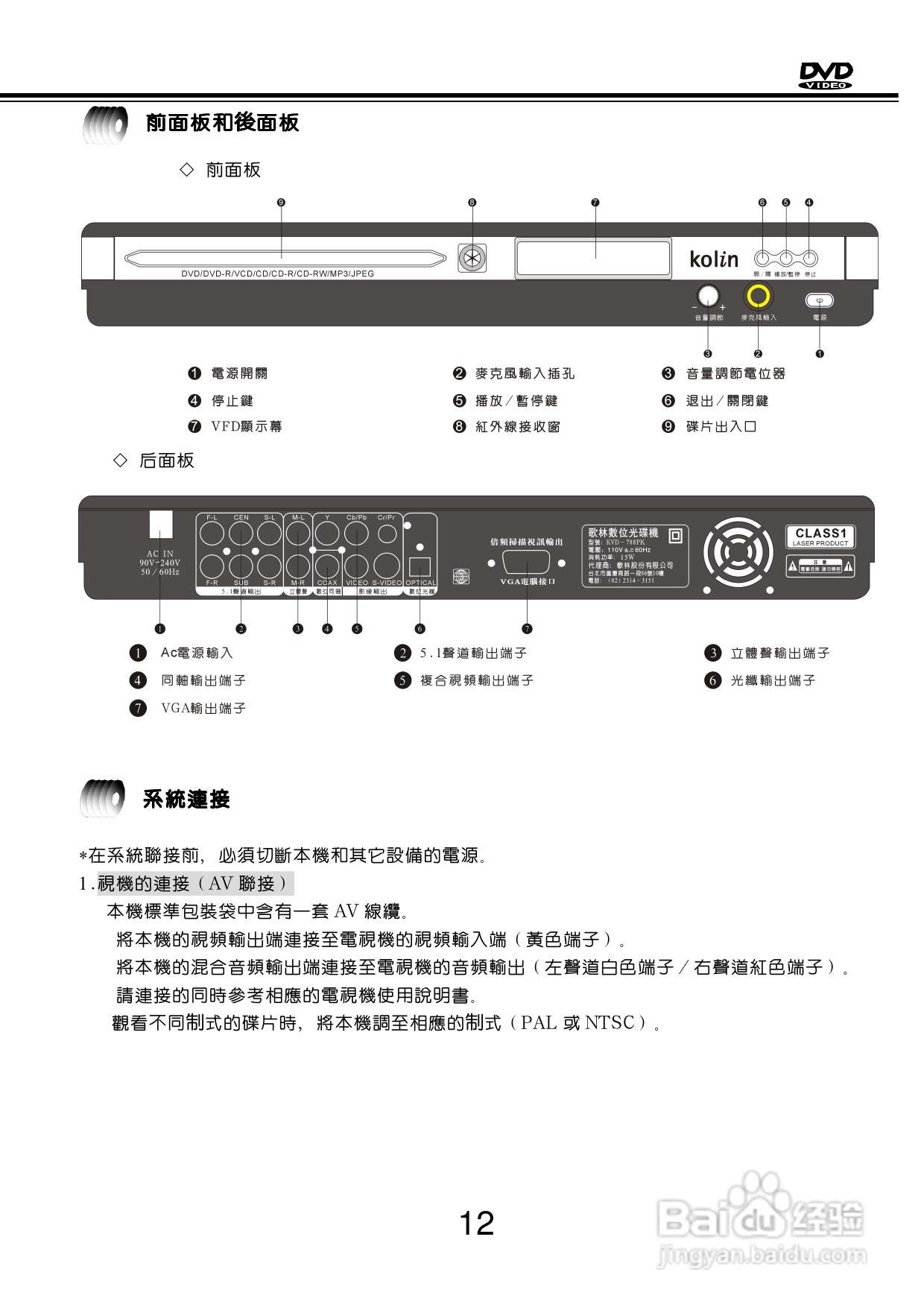 歌林KVD-788PK型数位影音光碟机说明书:[1]