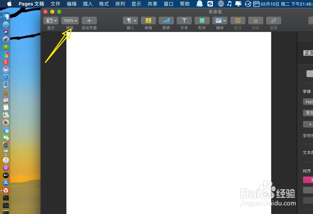 pages文稿怎样设置默认缩放比例