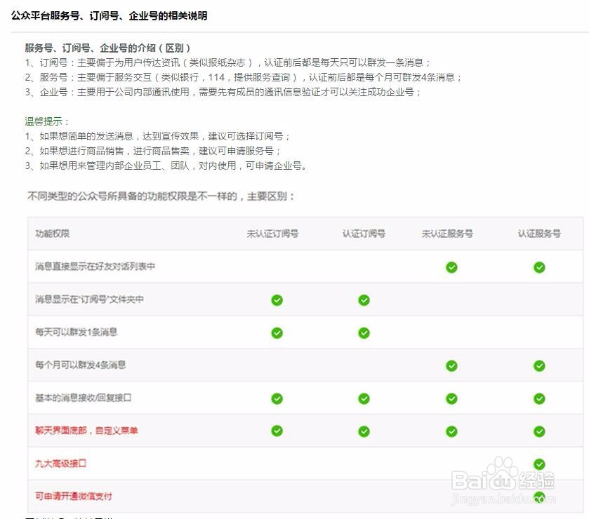 微信公众平台服务号、订阅号和企业号的区别