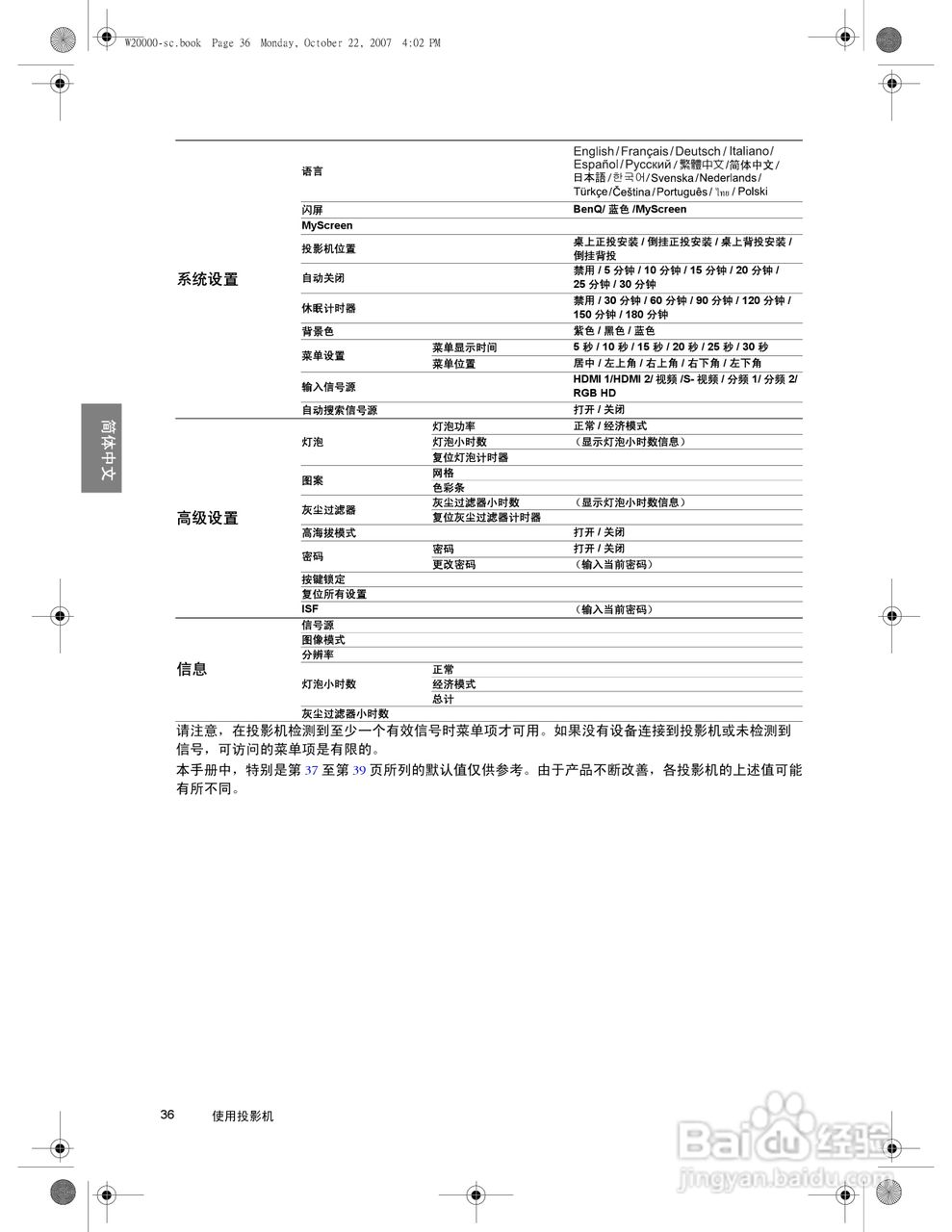明基W20000投影机使用说明书:[4]