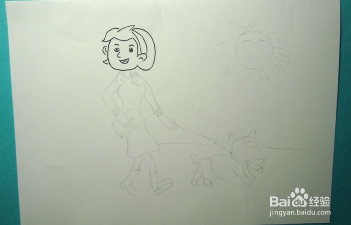 彩色简笔画牵小狗晒太阳的女孩