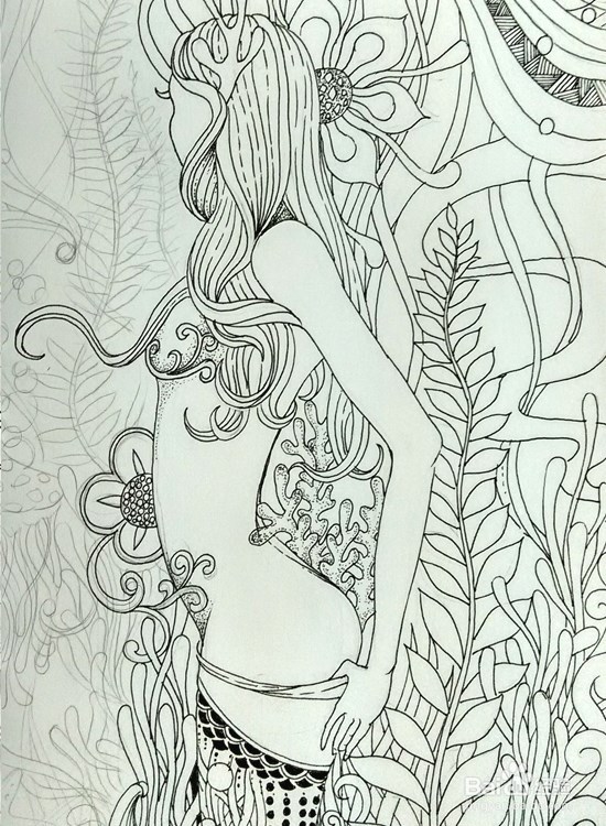 手绘插画-人物黑白装饰画（美少女）