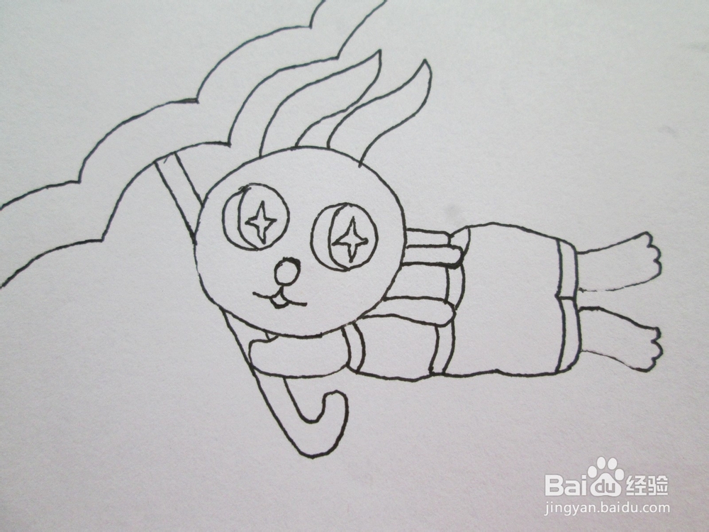 黑白线描画《被大风吹起来的小兔子》作画步骤