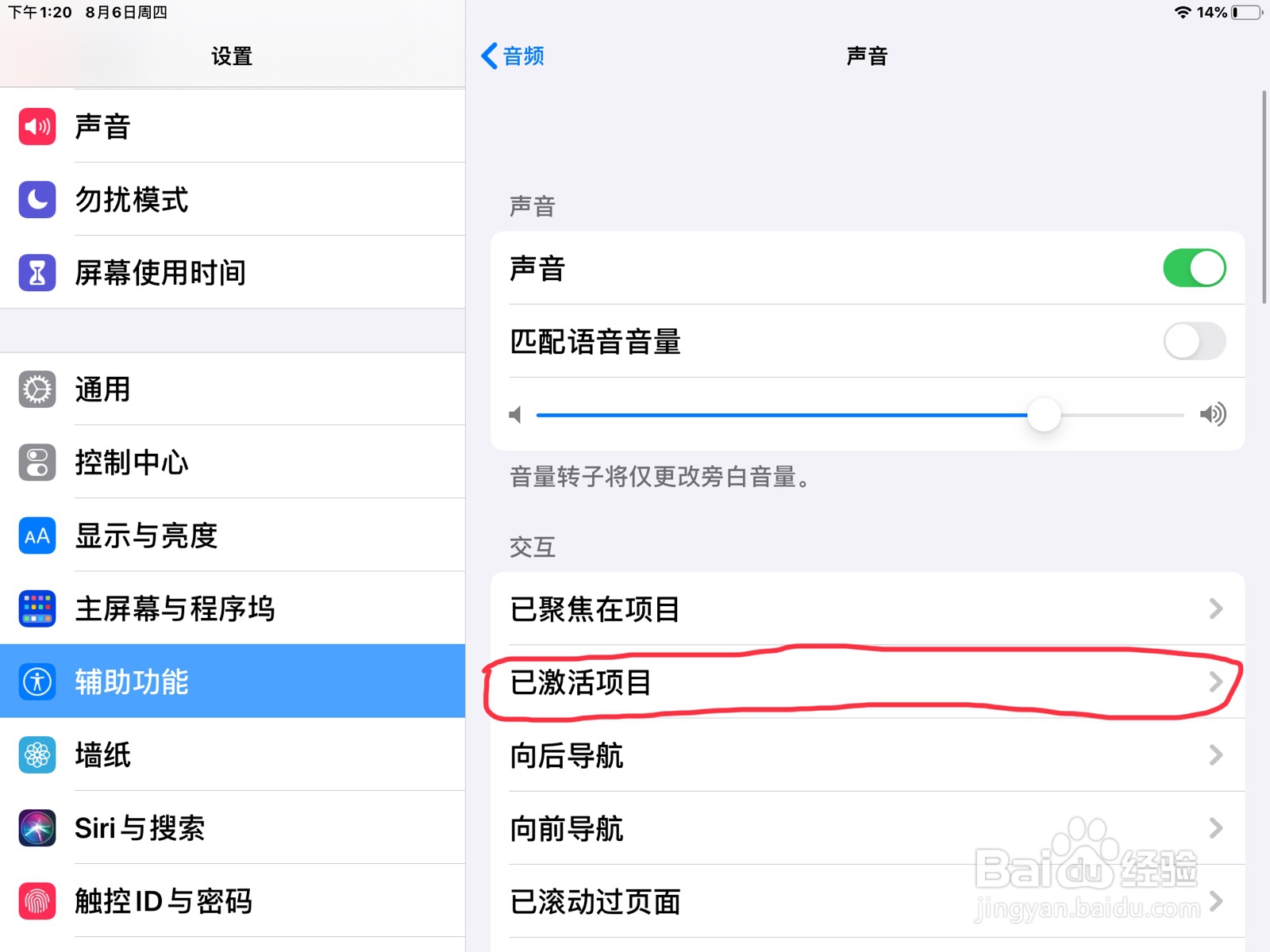 iPad怎么在旁白设置已激活项目的预览