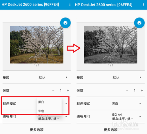 HP DeskJet 2678 手机打印选了黑白还是打印彩色