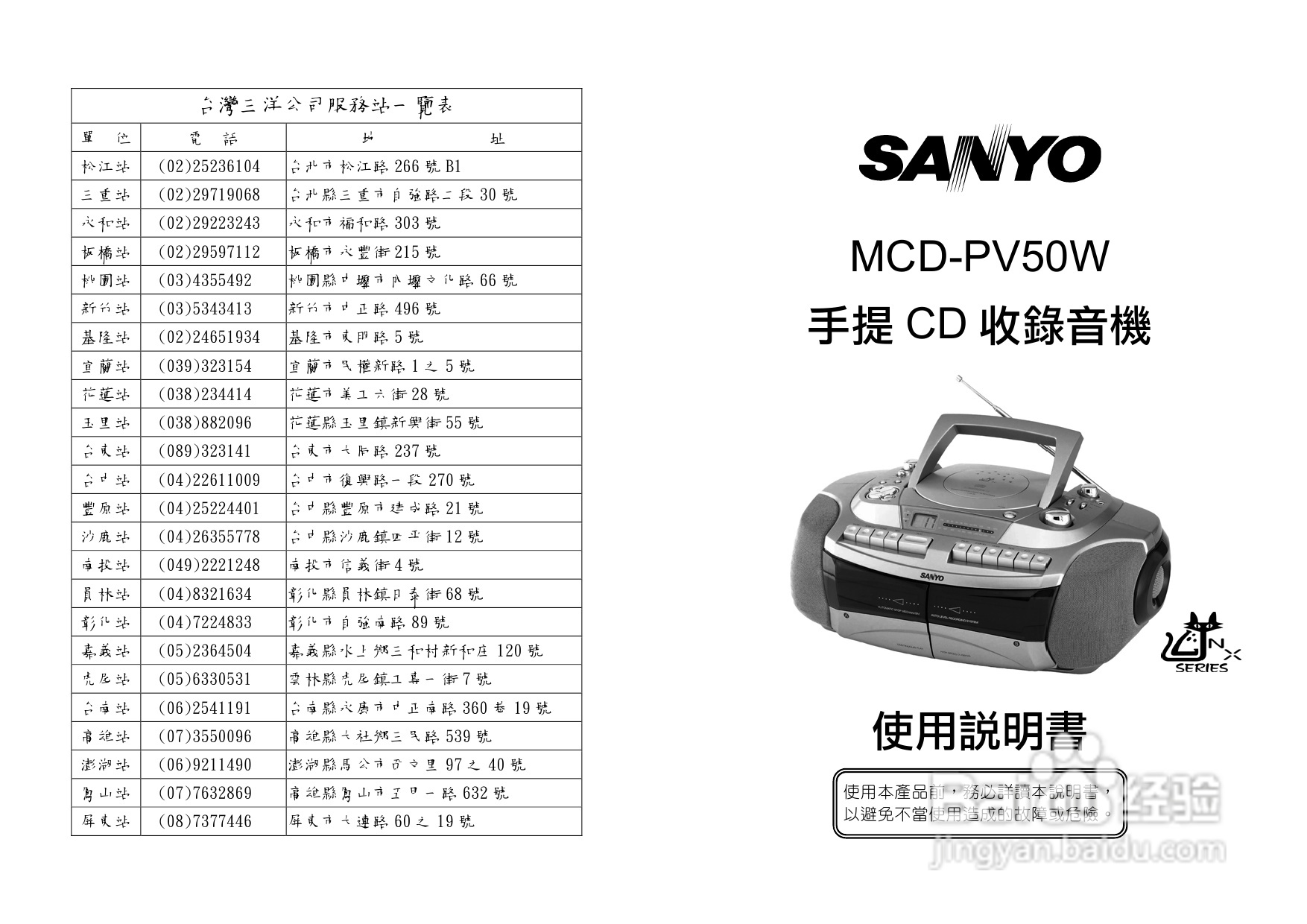 三洋MCD-PV50W手提CD收录音机使用说明书
