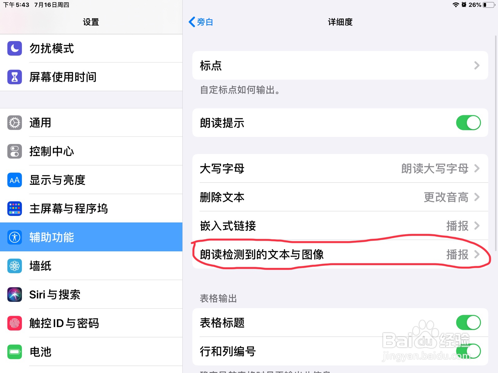 iPad怎么在旁白设置朗读检测到的文本与图像