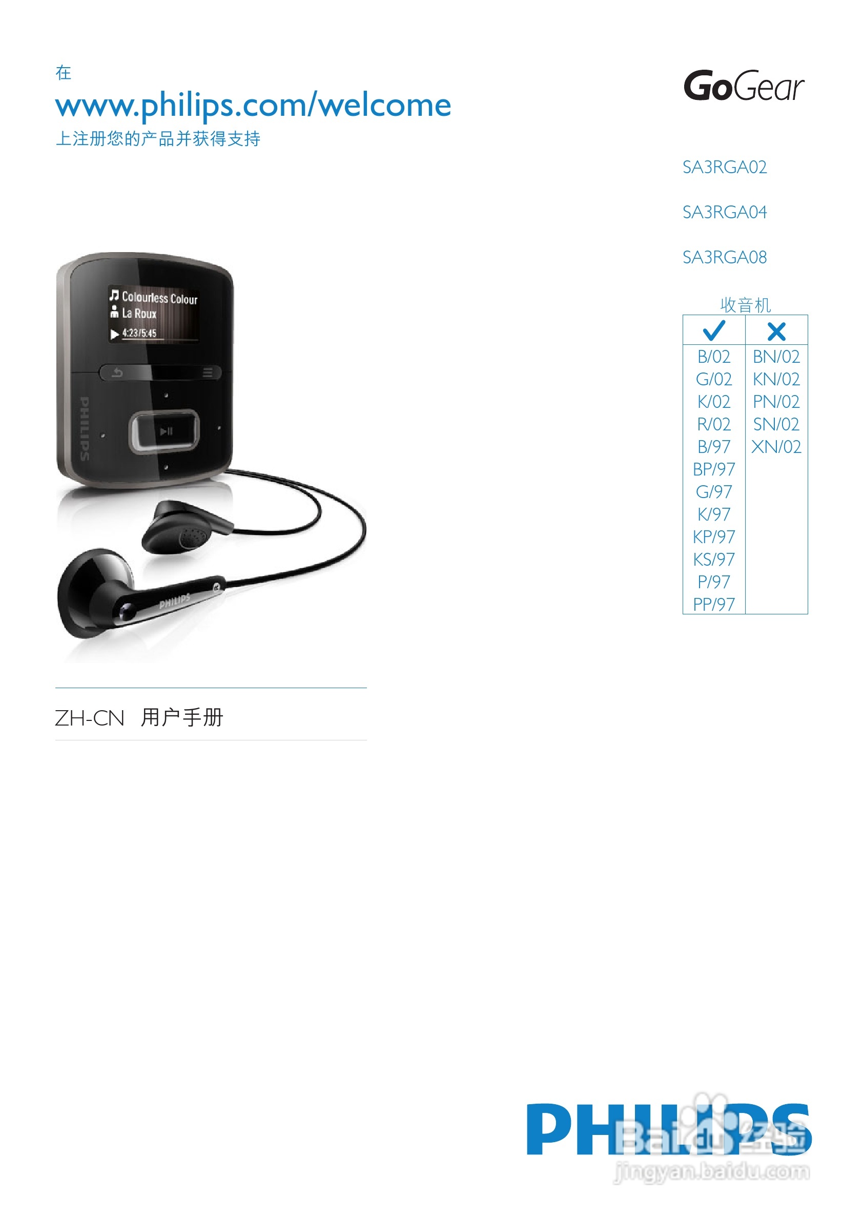 飞利浦SA3RGA08 MP3播放器使用说明书:[1]