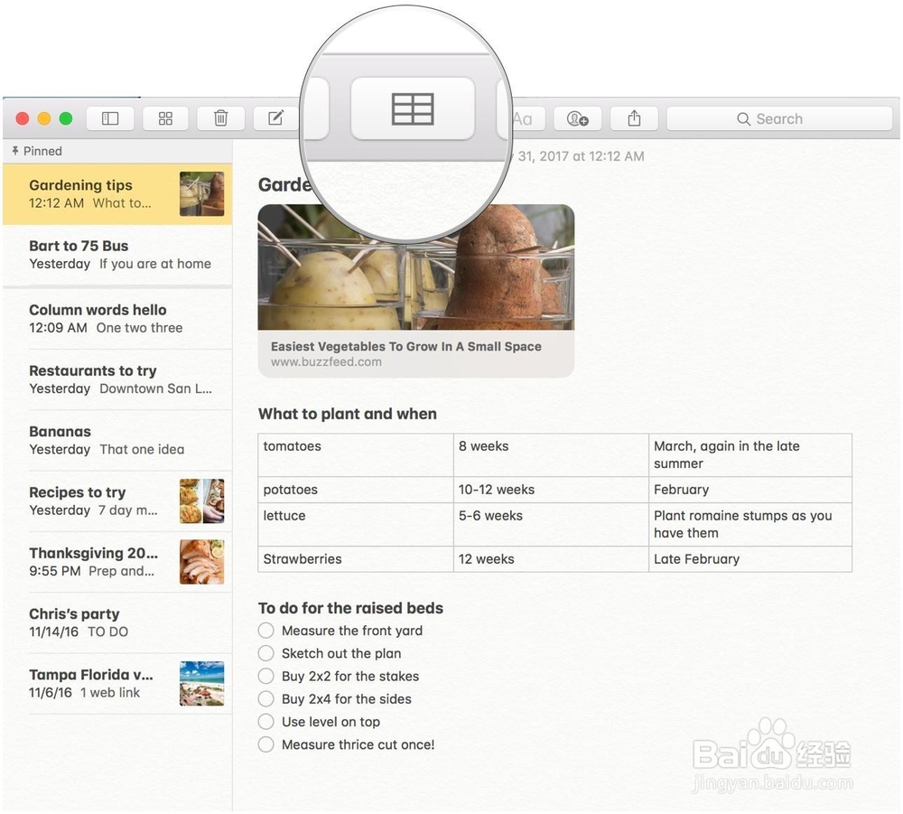 macOS High Sierra中使用Notes中的表