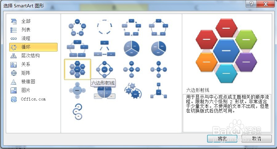 EXCEL怎么用SmartArt建立循环中的六边形射线