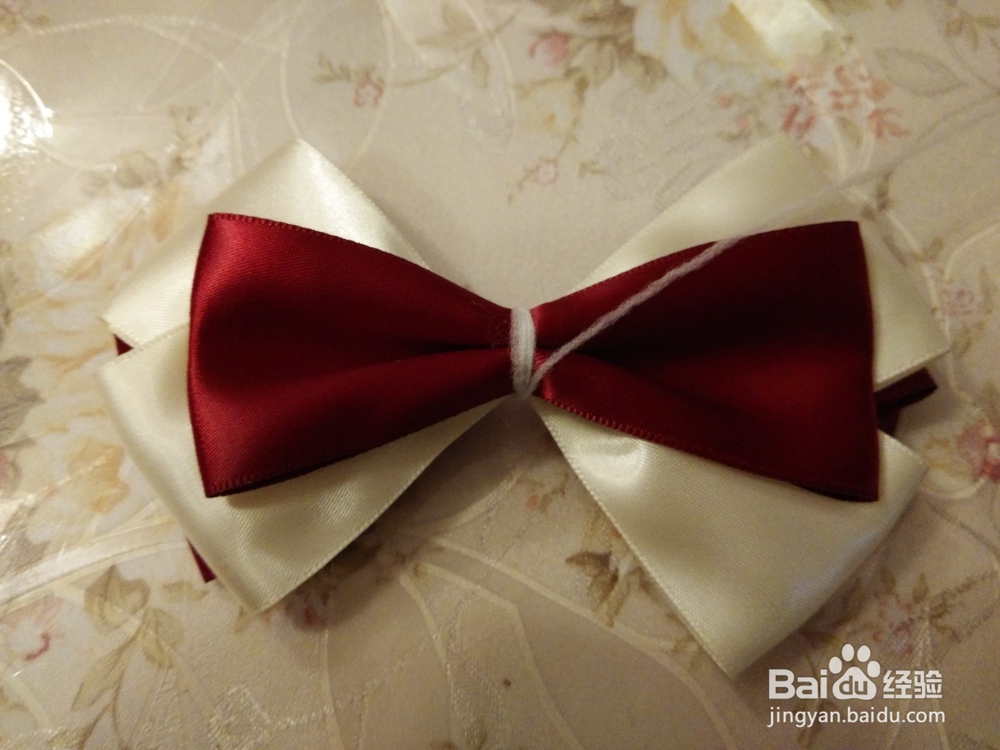 手工制作：酒红色双色镶珠蝴蝶结发夹