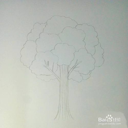 先用铅笔画底稿,画出一棵"菜花"样的树.