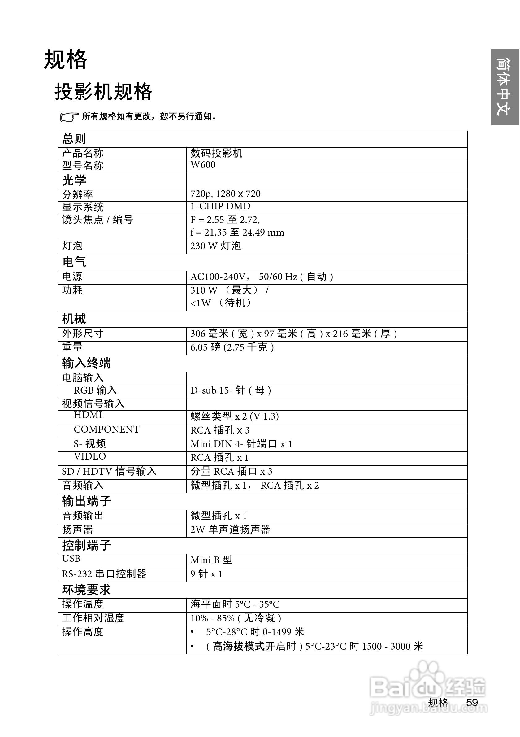 明基BenQ W600型投影机说明书:[6]