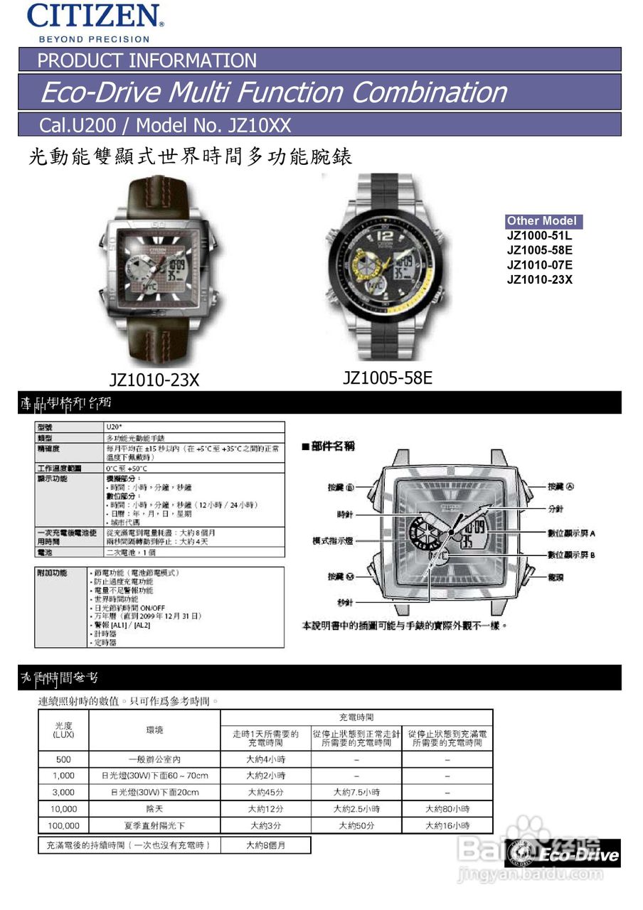 西铁城采用U200机芯手表使用说明书
