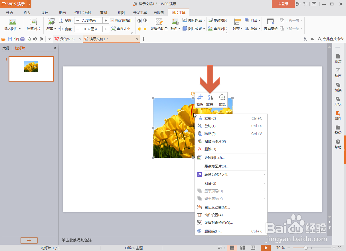 WPS演示中怎么旋转图片到指定的角度