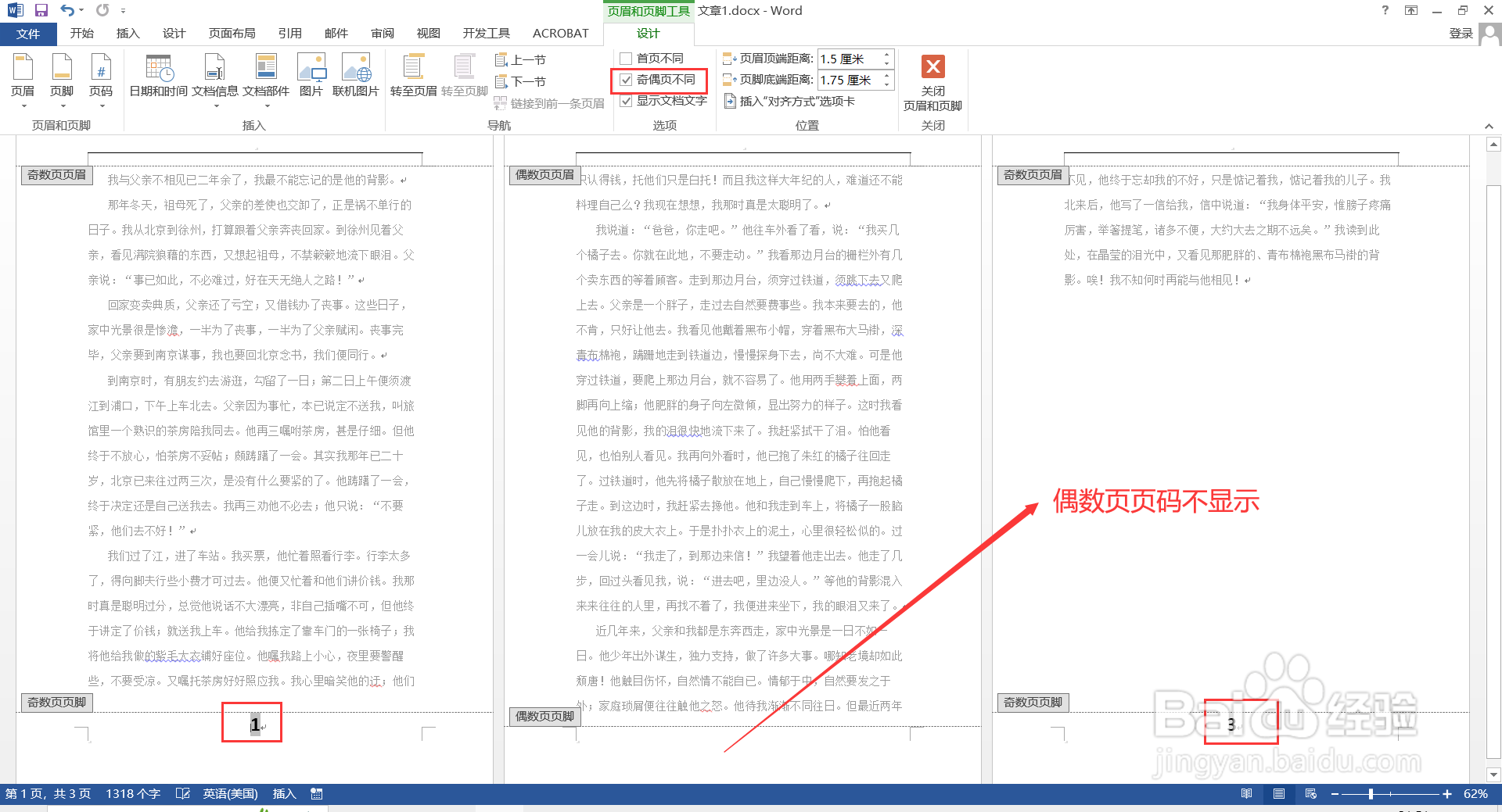 为什么word设置奇偶页不同，不显示偶数页页码？
