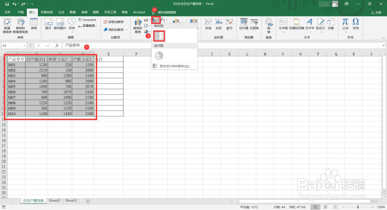 excel2016如何快速生成树状图?