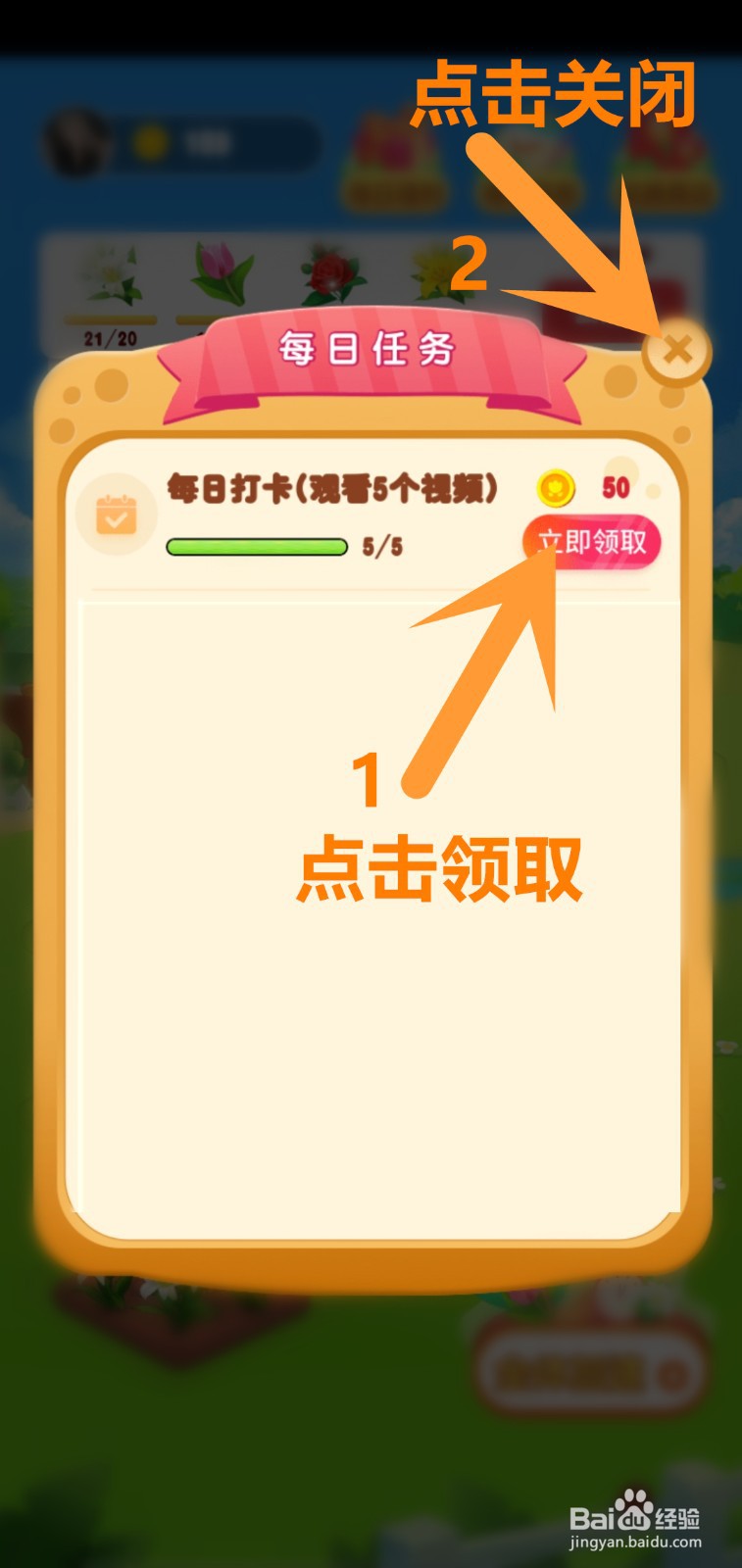 鲜花小镇每日打卡获取50金币奖励