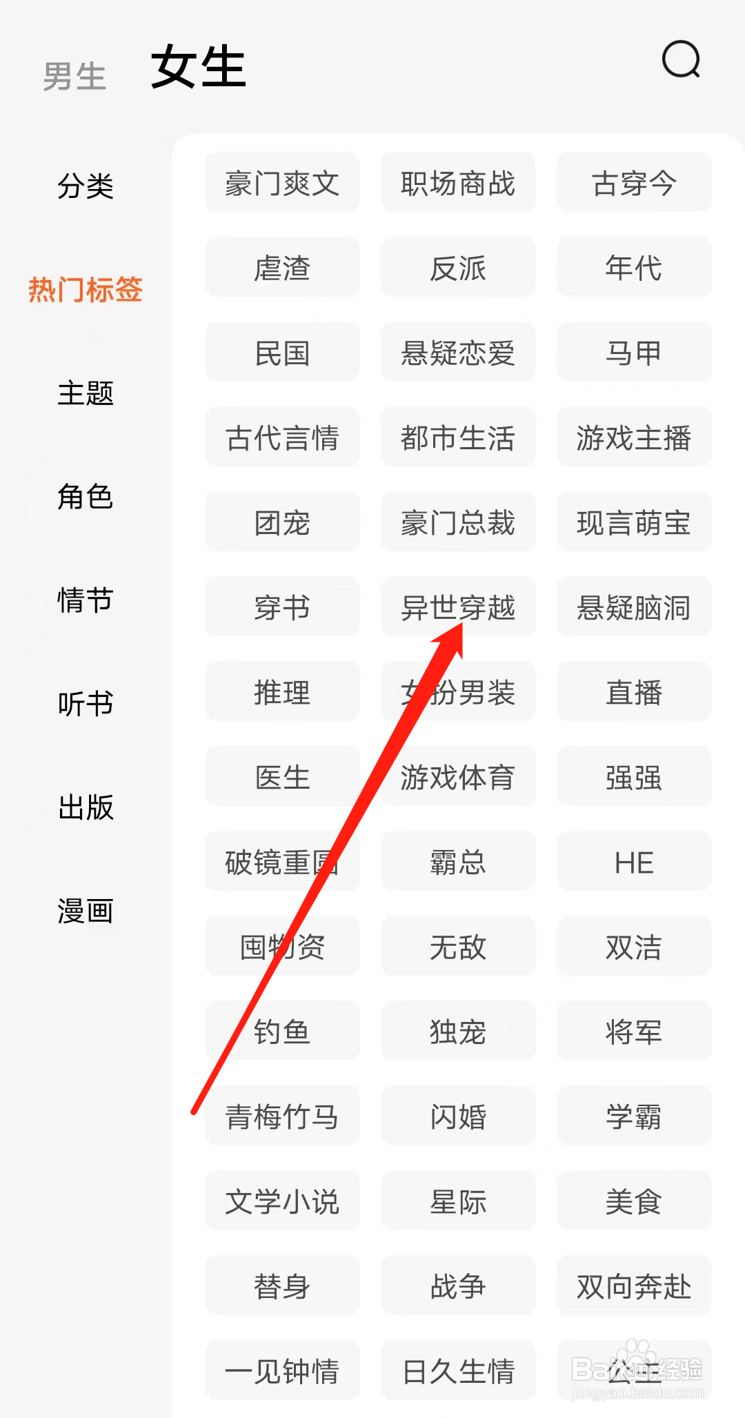 番茄小说查看女生异世穿越热门标签