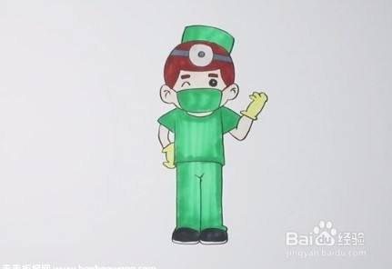 服和帽子,口罩全部涂成蓝色,最后用黑色涂鞋子,简单的手术医生就画好
