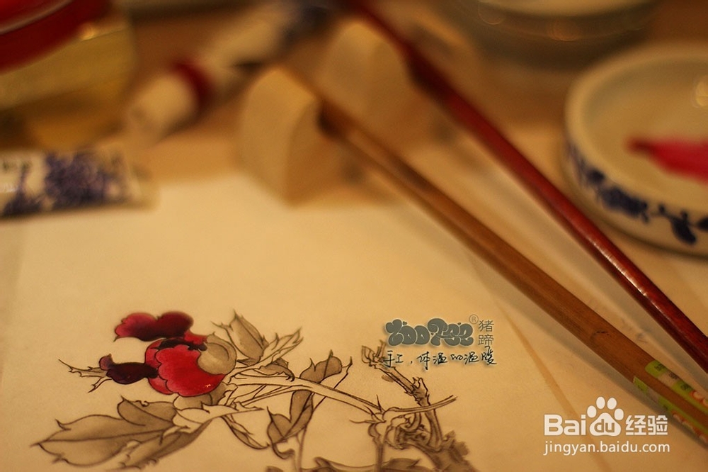 国画工笔花卉技法，起稿上色步骤图以及笔的选择
