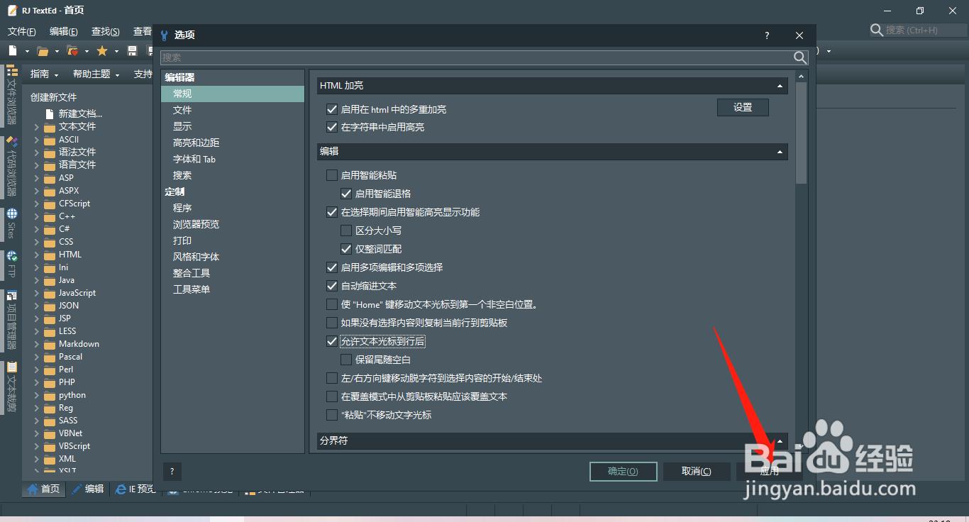 RJ TextEd怎么设置允许文本光标到行后