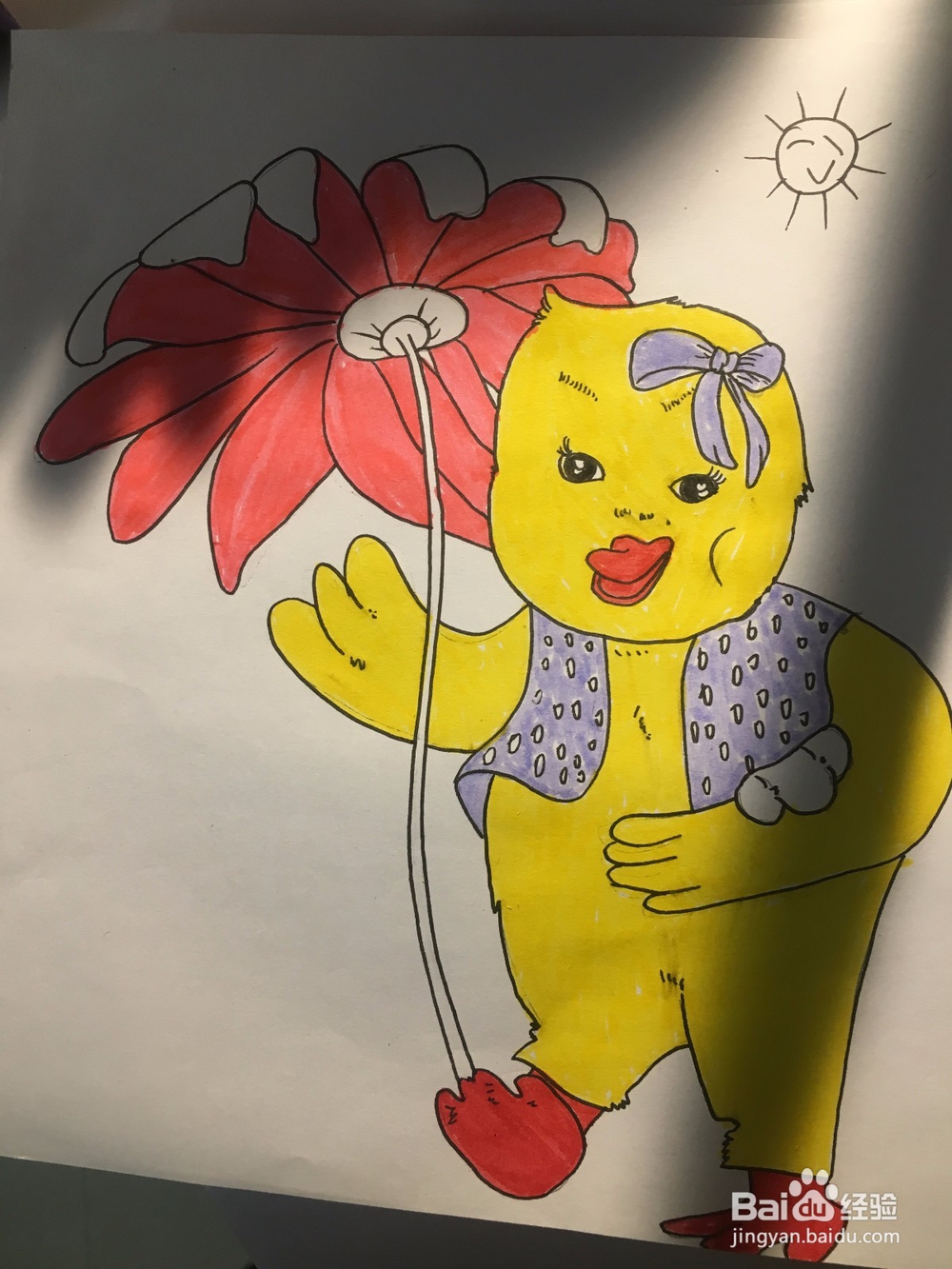 画一只拿着花当伞的鸭子 鸭子的简笔画 彩色涂鸦