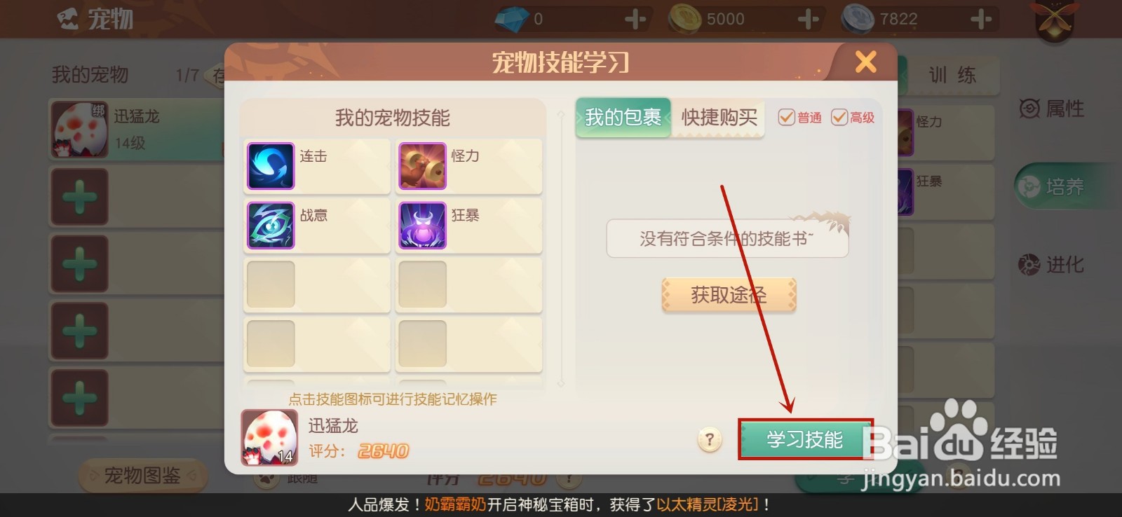 梦想新大陆宠物怎么学习技能