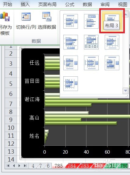 EXCEL怎么让簇状条形图的图表布局显示布局3效果