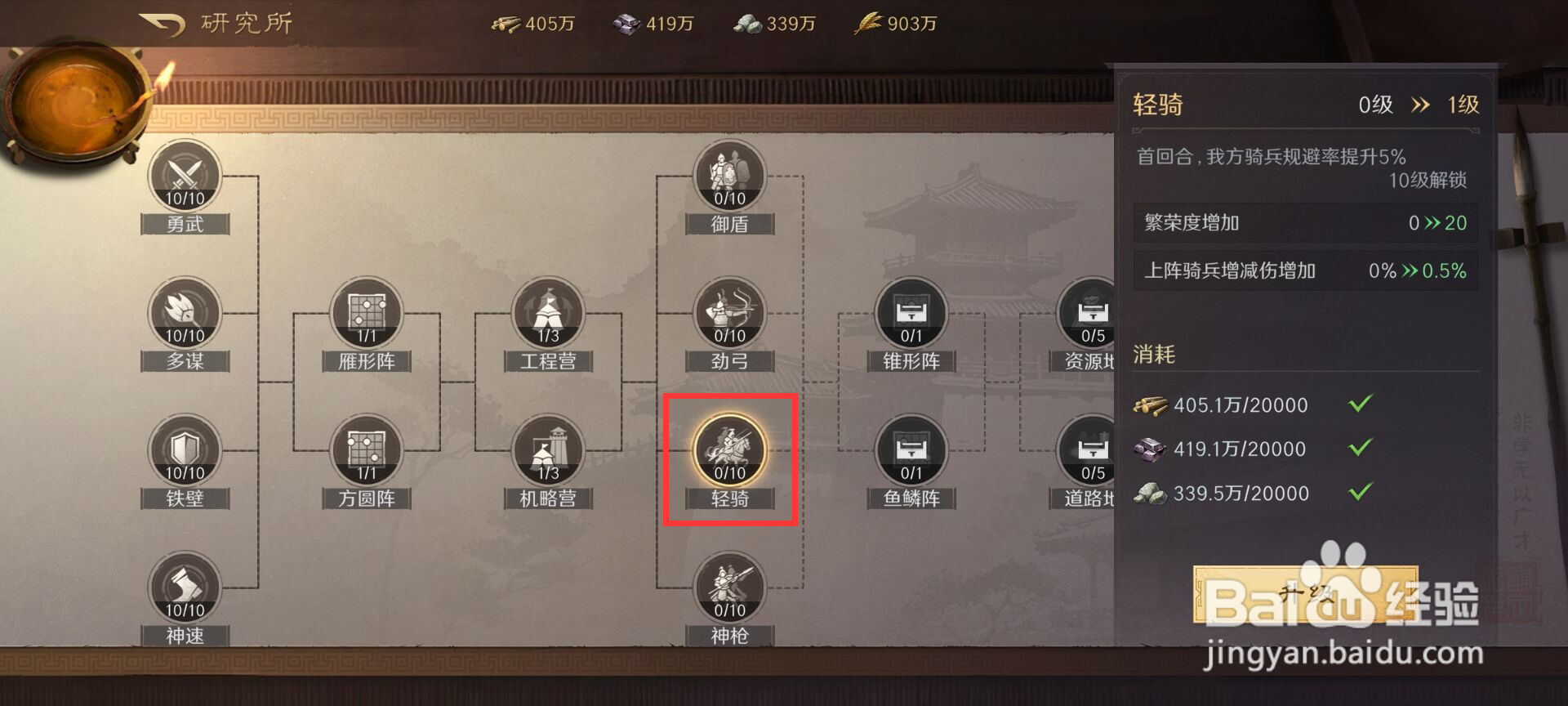 三国谋定天下轻骑怎么进行升级