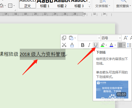 wps2019 第二课 怎样设置文字下方有直线的效果
