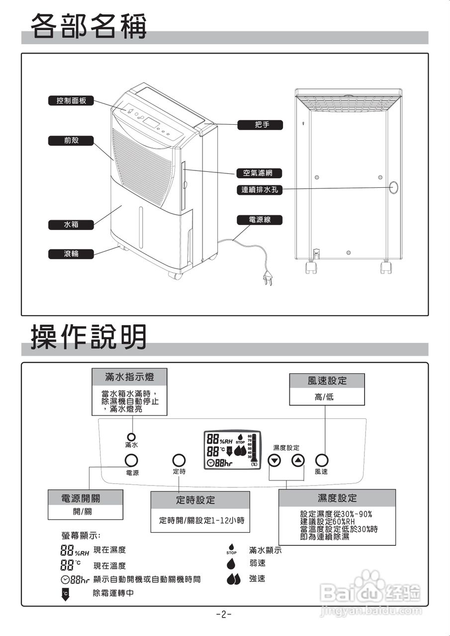 声宝AD-1692FN型微电脑式除湿机说明书