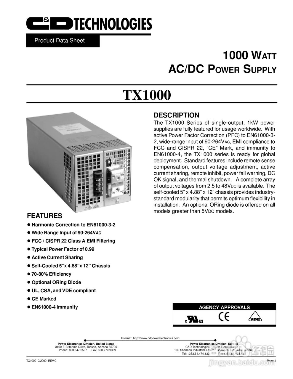 C&D西恩迪TX1000系列模块电源产品说明书