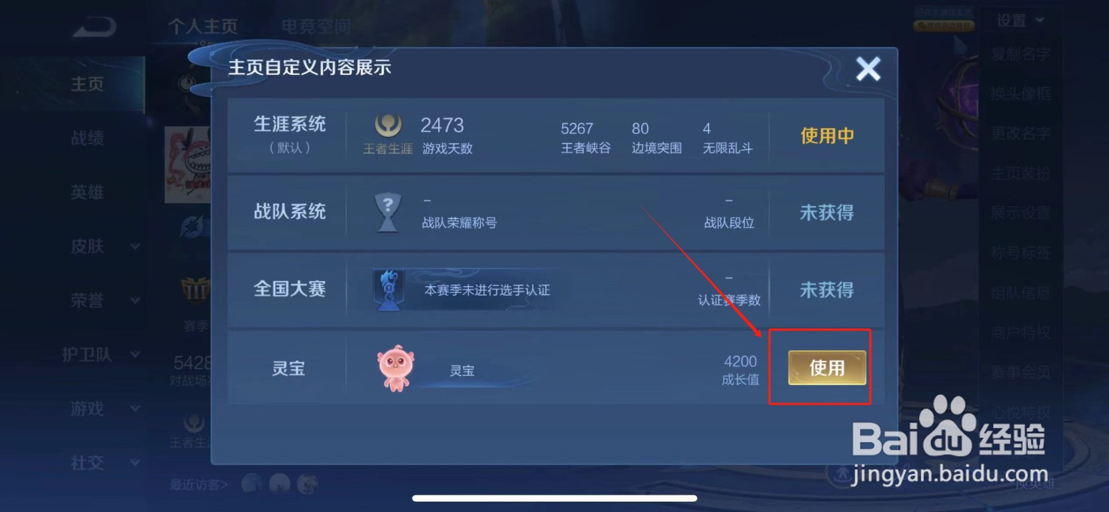 王者荣耀在哪里设置主页显示灵宝