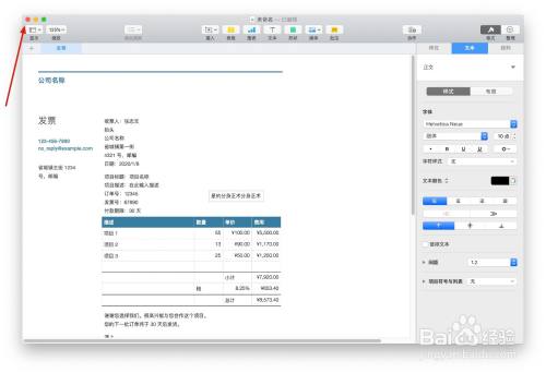 Numbers表格“发票”模板中如何插入文本