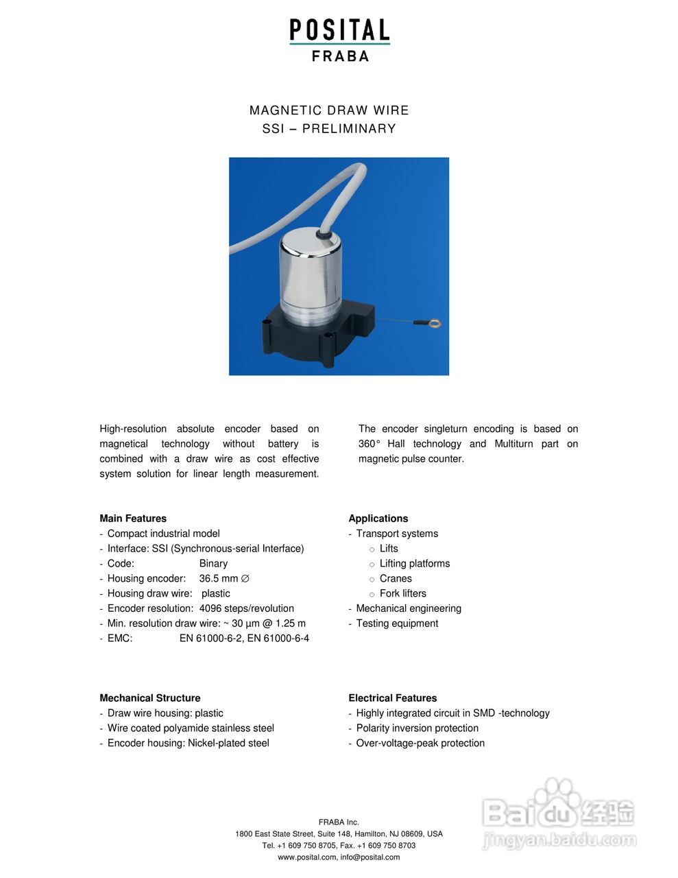 FRABA 拉丝线位移传感器 数据手册