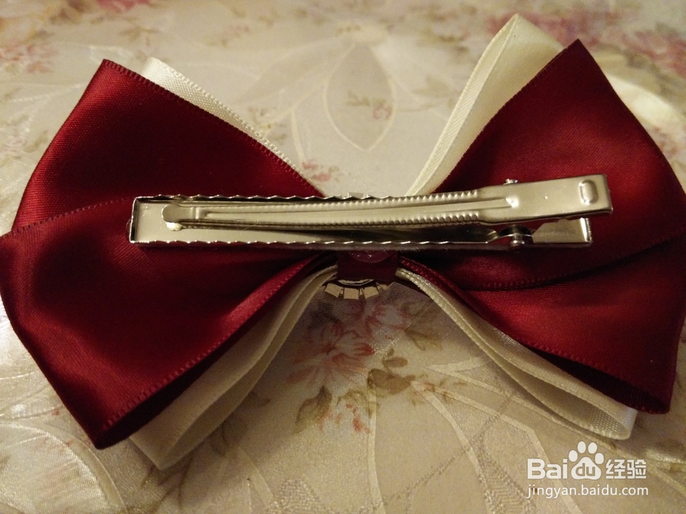 手工制作：酒红色双色镶珠蝴蝶结发夹