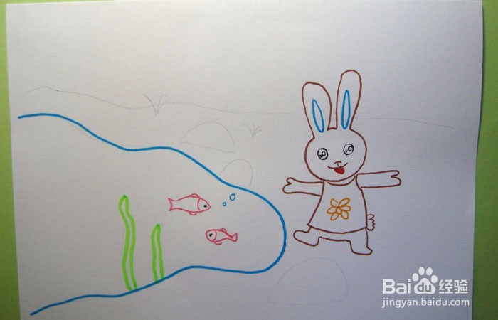 彩色简笔画小兔子看鱼儿游