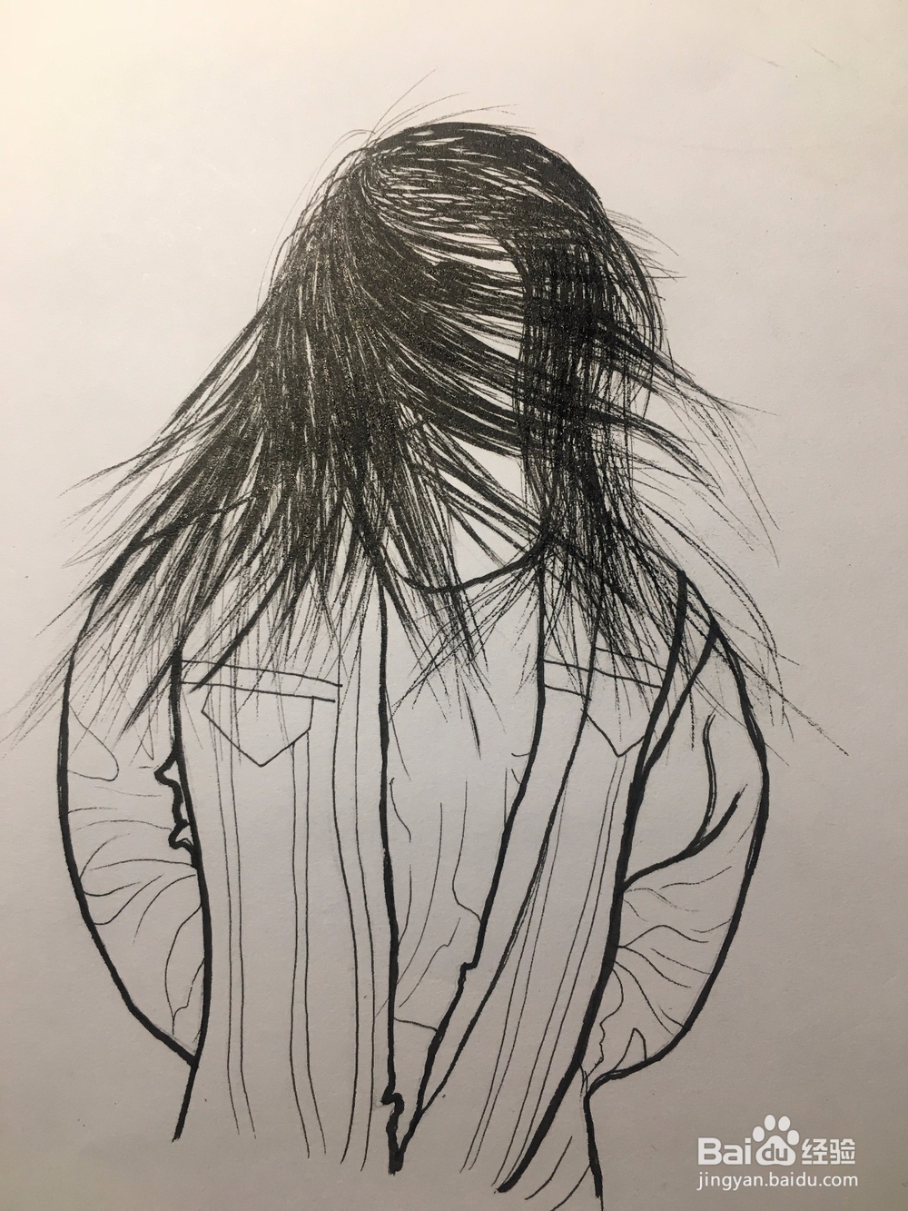 冬季画一个风中长发凌乱的样子 女子简笔线描画