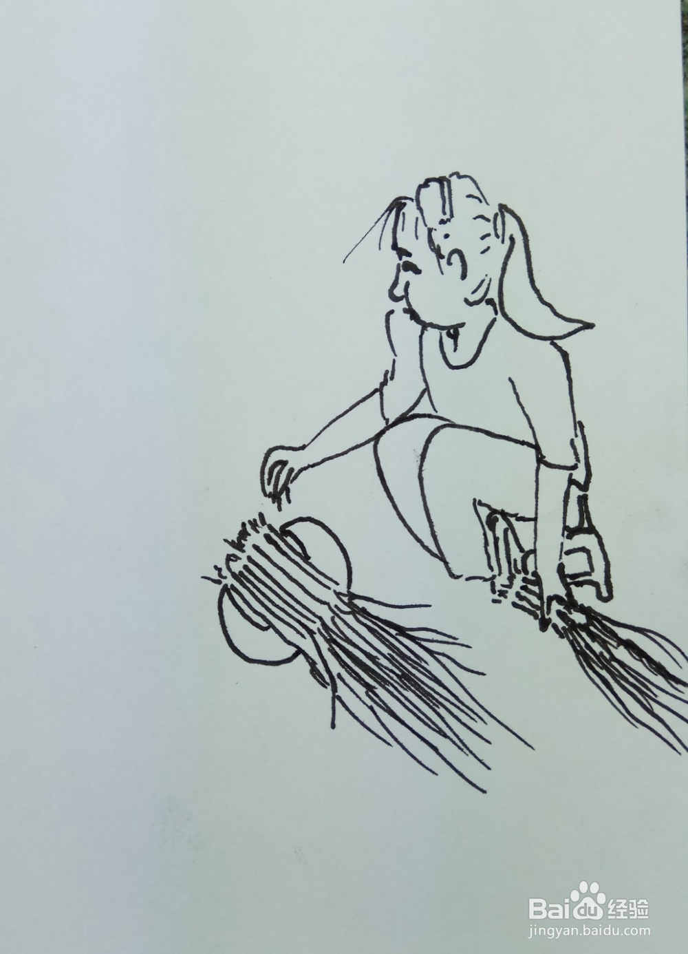 怎样画简笔画“小女孩学称葱”?