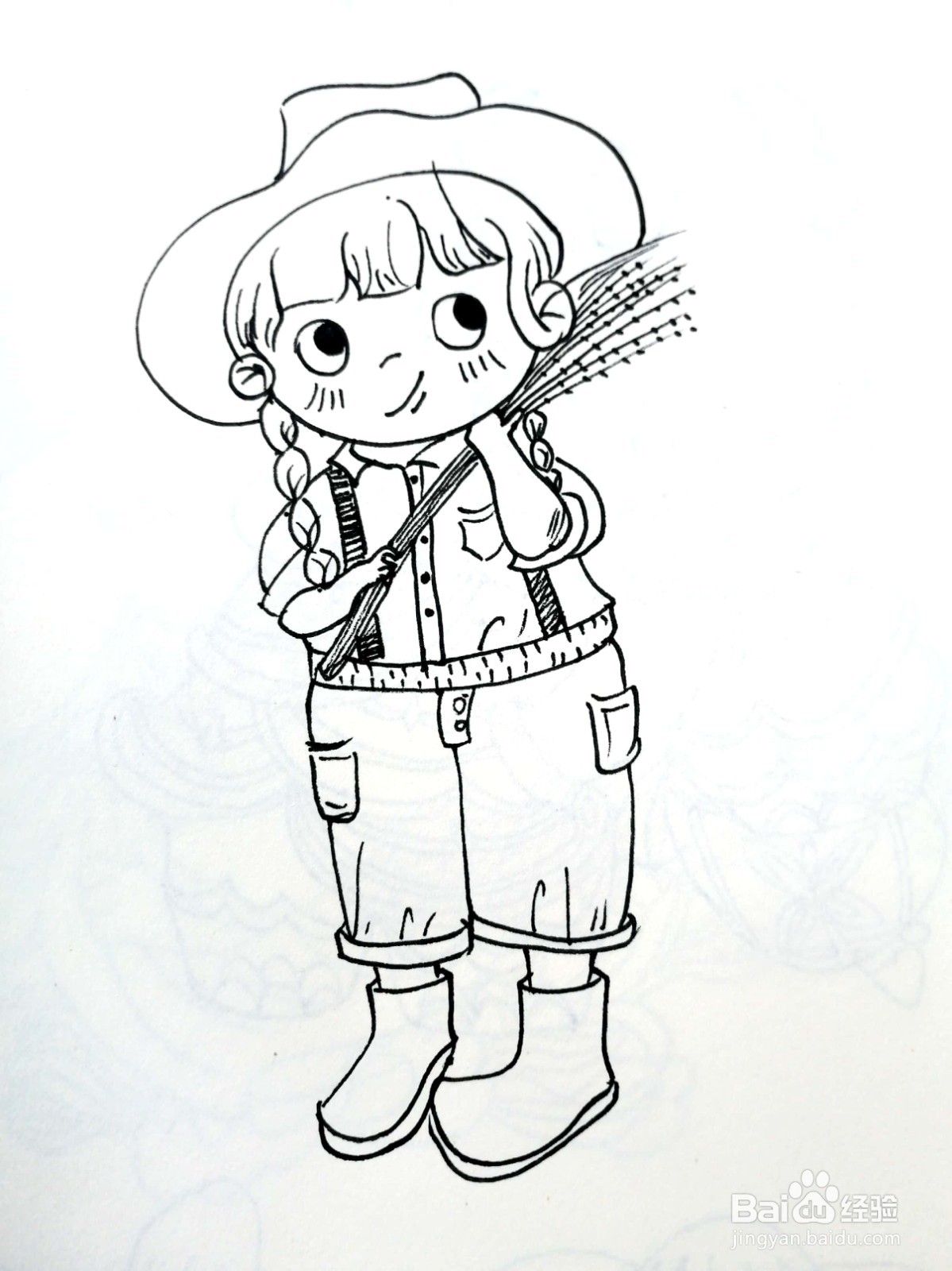 戴着草帽的女孩儿线描画怎么画