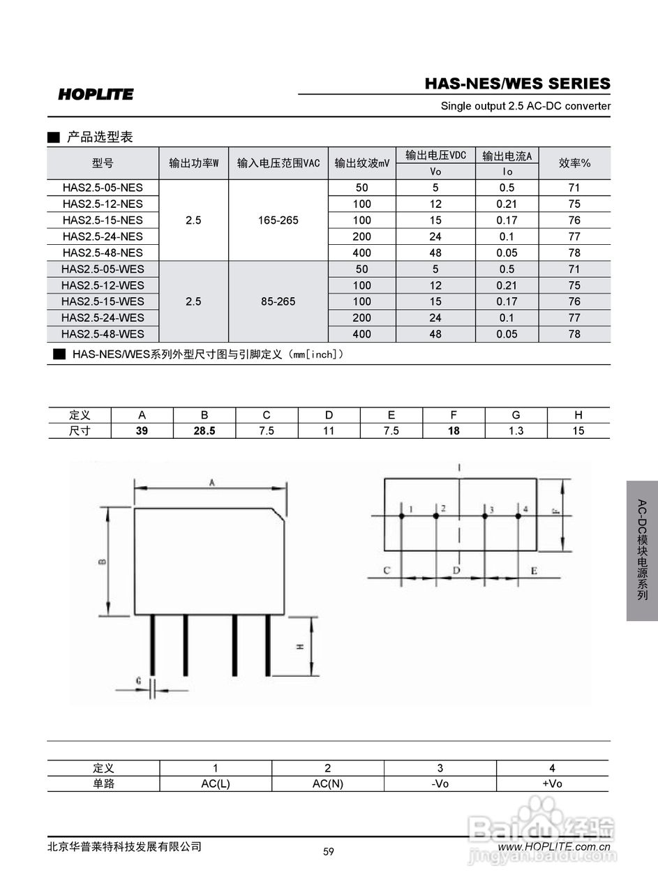 华普莱特HAS-NES/WES系列电源模块产品说明书