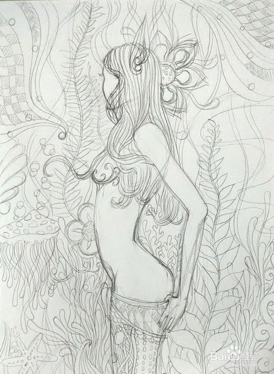 手绘插画-人物黑白装饰画（美少女）