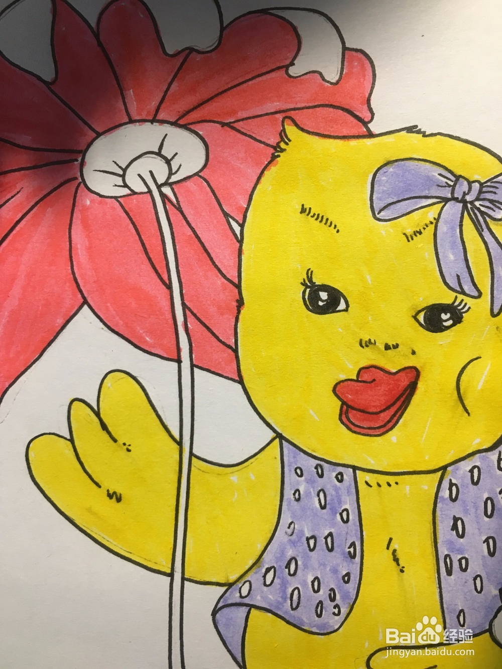 画一只拿着花当伞的鸭子 鸭子的简笔画 彩色涂鸦