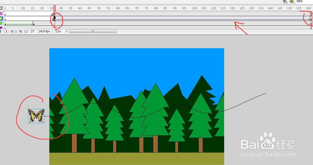 flash用森林背景制作引导线遮罩元件的动画