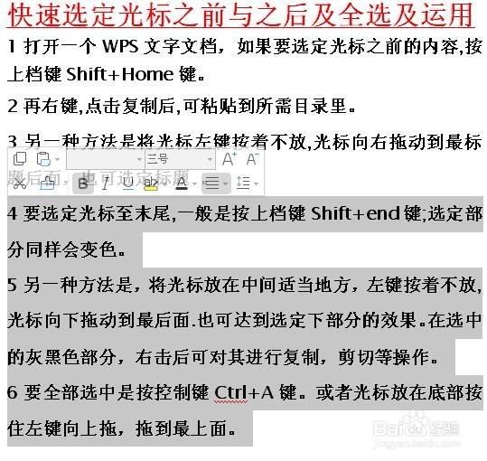 WPS文档快速选定光标之前与之后及全选及其运用
