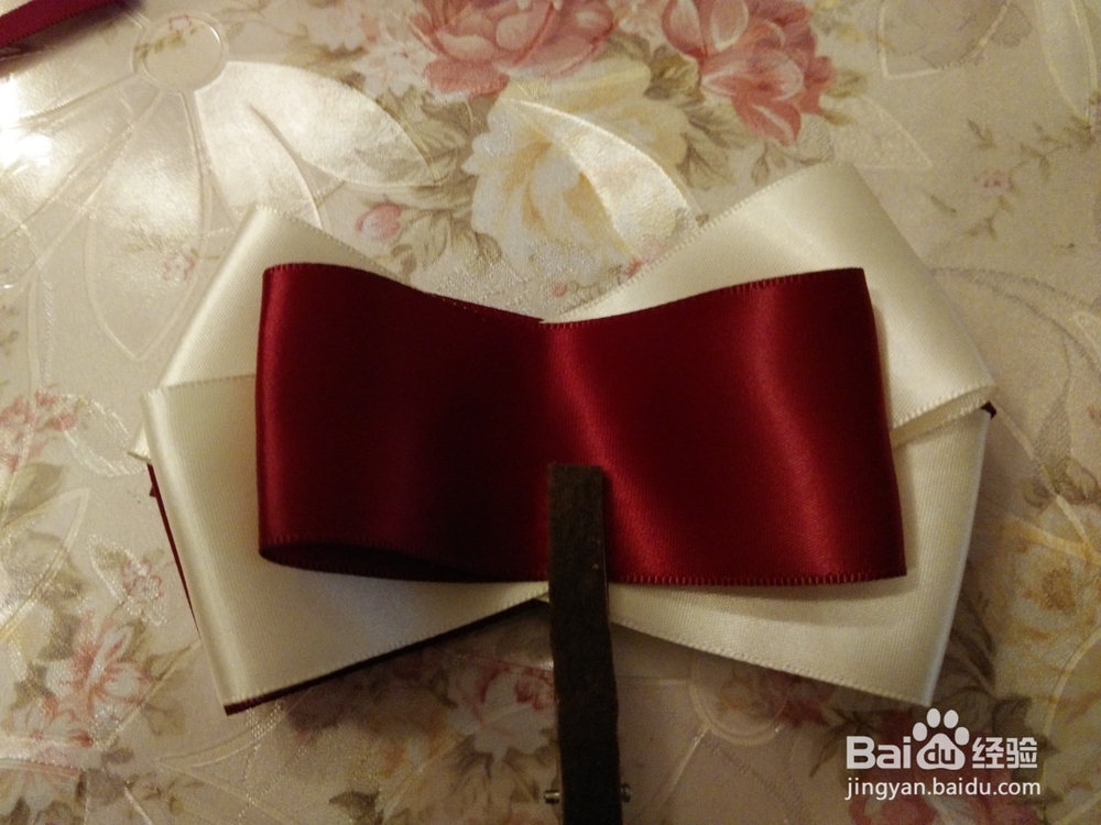 手工制作：酒红色双色镶珠蝴蝶结发夹